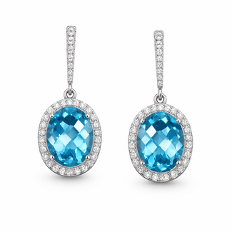 Blue topaz (6.64 ctw) & diamond (0.41 ctw) oval dangle earrings 14k yellow gold