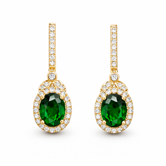 Green garnet (1.51 ctw) & diamond (0.30 ctw)oval dangle earrings 14k yellow gold