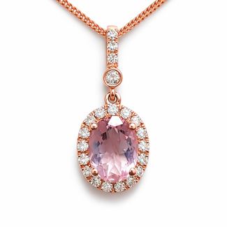 Morganite (1.11 ctw) & diamond (0.22 ctw) oval halo pendant 14k rose gold