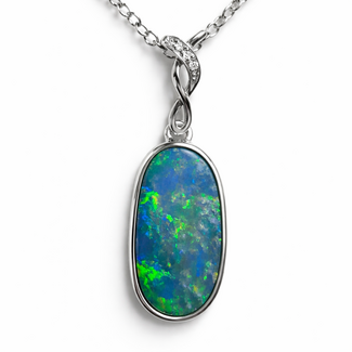 Opal doublet (3.2 ct) & diamond (0.01 ctw) free form pendant 14k white gold