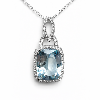 Aquamarine (3.85 ct) & diamond (0.31 ctw) cushion cut pendant 14k white gold