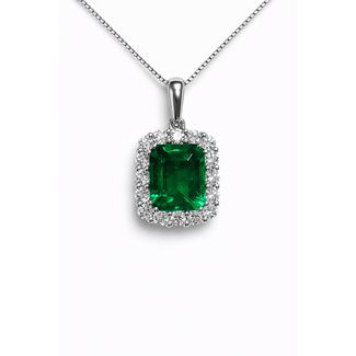 Emerald (2.75 ctw) & diamond (0.71 ctw) square halo pendant w/chain 14k white gold