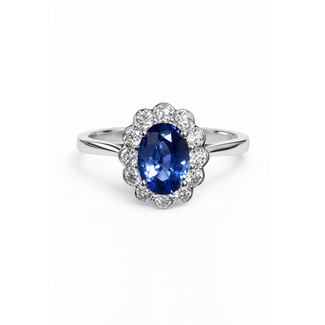 Sapphire (1.35 ct) & diamond (0.46 ctw) oval halo ring 14k white gold