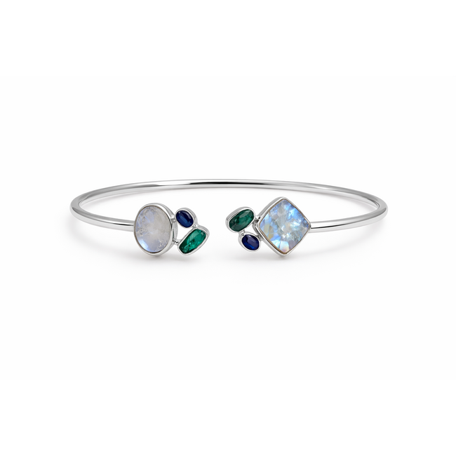 Rainbow moonstone / bezel set multi gem twister bracelet sterling silver