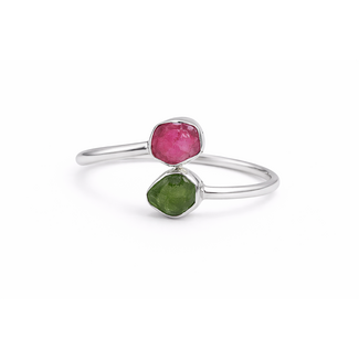 Pink & Green Tourmaline free form rough 2 stone ring sterling silver