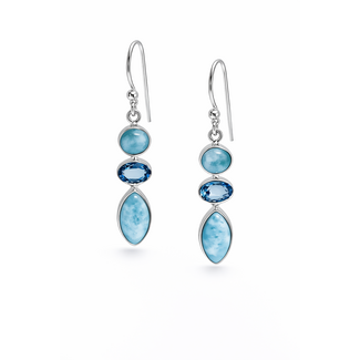 Larimar & blue topaz 3 stone dangle earrings sterling silver