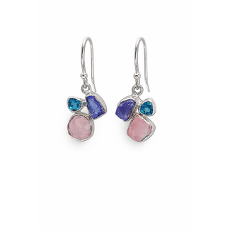 Rose quartz, tanzanite, blue topaz dangle earrings sterling silver