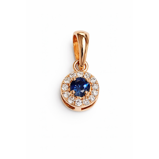 Sapphire (0.15ct) & diamond (0.08 ctw) round halo pendant 14k yellow gold 0.7 gr