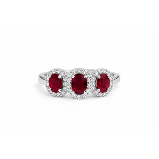 Ruby (1.25 ctw) & diamond (0.51 ctw) 3 stone halo ring 14k white gold 6.7 gr
