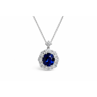 Sapphire (2.03 ct) & diamond (1.18 ctw) oval halo pendant platinum w/silver chain 4.9 gr