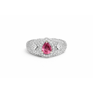 Pink sapphire (1.08 ct) & diamond (0.72 ctw) pear ring 18k white gold 8.5 gr