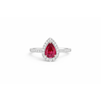 Pink sapphire (1.01 ct) & diamond (0.57 ctw) pear halo ring 14k white gold 3.3 gr