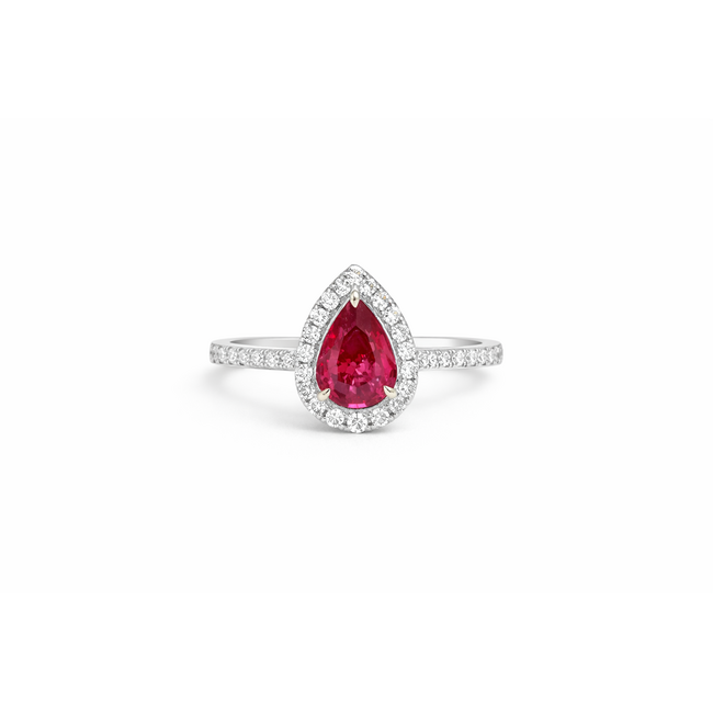 Pink sapphire (1.01 ct) & diamond (0.57 ctw) pear halo ring 14k white gold 3.3 gr