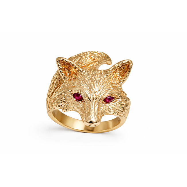TQ custom fox ring with ruby eyes 14k yellow gold 19.7 gr