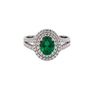 Emerald (1.01 ct) & diamond (0.75 ctw) oval halo ring 18k white gold