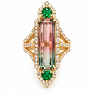 Water. tourm (14.21ct), emerald (0.79ctw) & diamond 0.92ctw) ring 18k yellow gold 11.1g