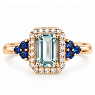 Aqua (0.86ct), sapphire (0.31ctw) & diamond (0.18ctw) ring 18k white gold 3.4g