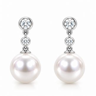 Diamond (0.16ctw) & 7.5-8mm Japanese cultured pearl stud earrings 14k white gold 2.3g