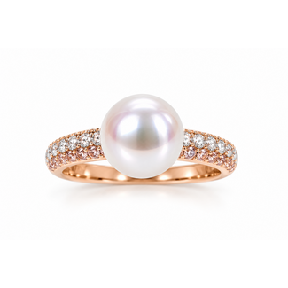 Pink sapphire (.4ctw), diamond (0.23ctw) & cultured pearl 9.5-1mm ring 14k rose gold 4.8g