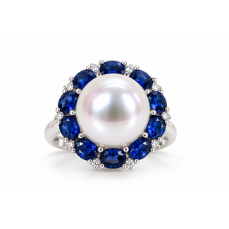 Sapphire (4.40ctw), diamond (0.30ctw) & SS pearl 13.8mm ring 14k white gold 12.9g