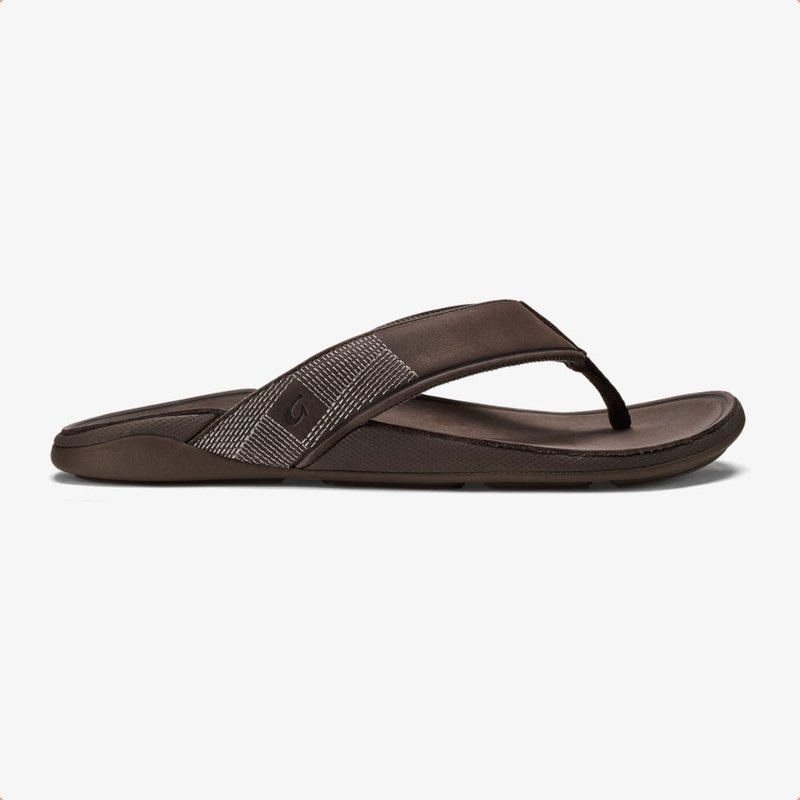 OluKai Tuahine Men's Leather Beach Sandals Dark Wood