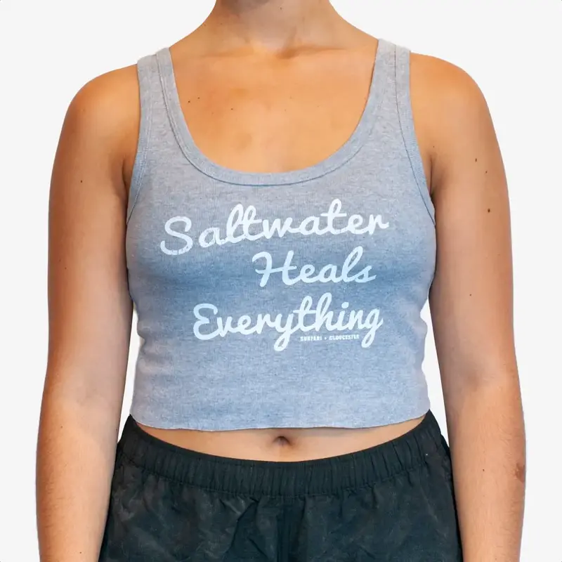 Surfari Saltwater Heals Everything Crop Ribbed Tank Heather Grey FINAL SALE