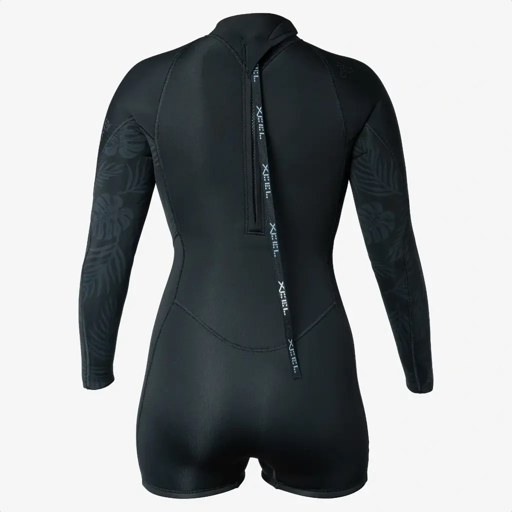 XCEL XCEL Women's Axis Long Sleeve Back Zip Boy Short Spring Wetsuit 2mm Black W/Palm-Monstera Print
