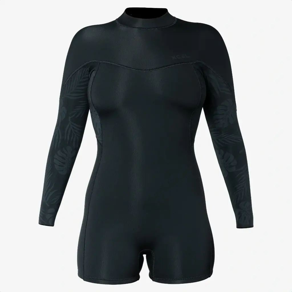 XCEL XCEL Women's Axis Long Sleeve Back Zip Boy Short Spring Wetsuit 2mm Black W/Palm-Monstera Print