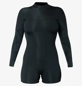 XCEL Women's Axis Long Sleeve Back Zip Boy Short Spring Wetsuit 2mm Black W/Palm-Monstera Print