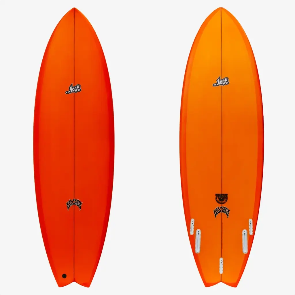 ...Lost Surfboards 5’10” Lost Round Nose Fish Twinzer 96er Futures Orange Tint