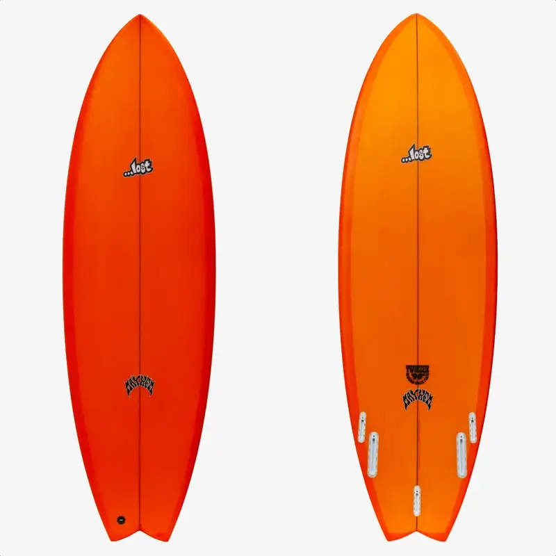 ...Lost Surfboards 5’10” Round Nose Fish Twinzer 96er Futures Orange Tint