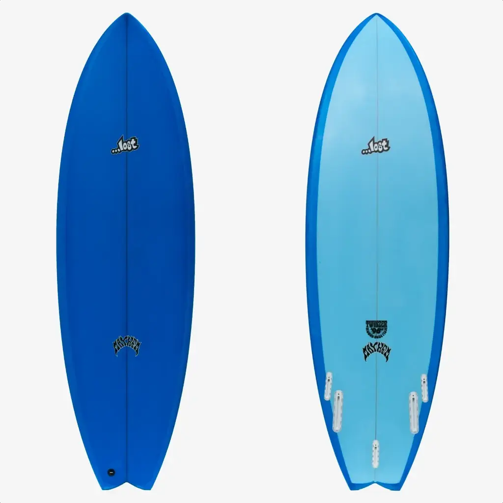 ...Lost Surfboards 5’8” Lost Round Nose Fish Twinzer 96er Blue Tint