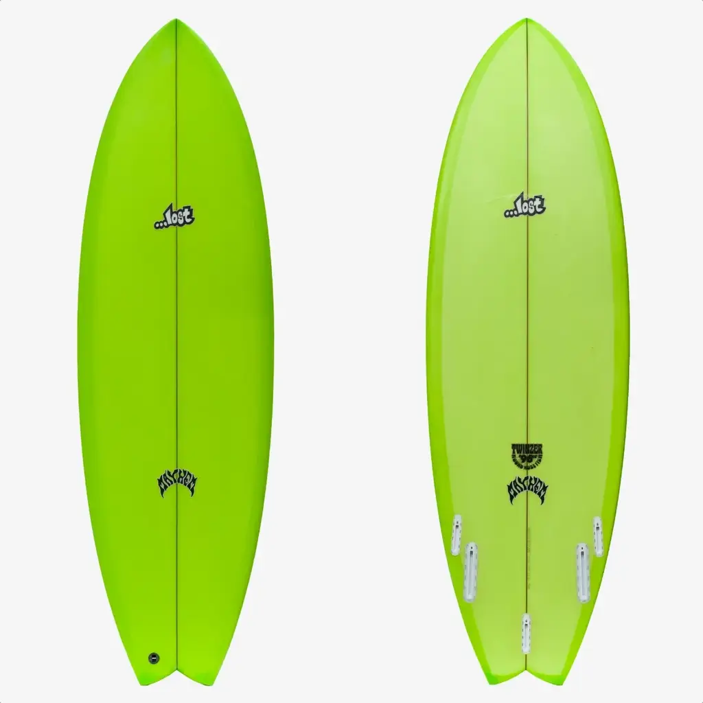 ...Lost Surfboards 5’6” Lost Round Nose Fish Twinzer 96er Futures Green Tint