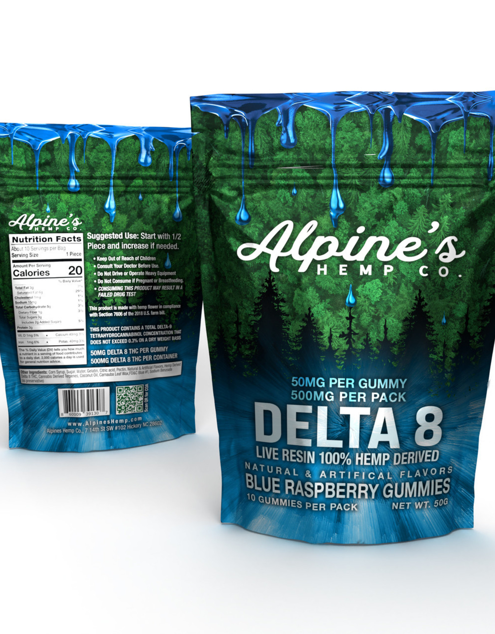 Alpine's Alpine's Delta 8 Blue Raspberry Gummies 50mg each| 500mg pack