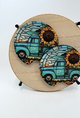 Carrie Criswell Teal Truck with Sunflowers Car Coaster