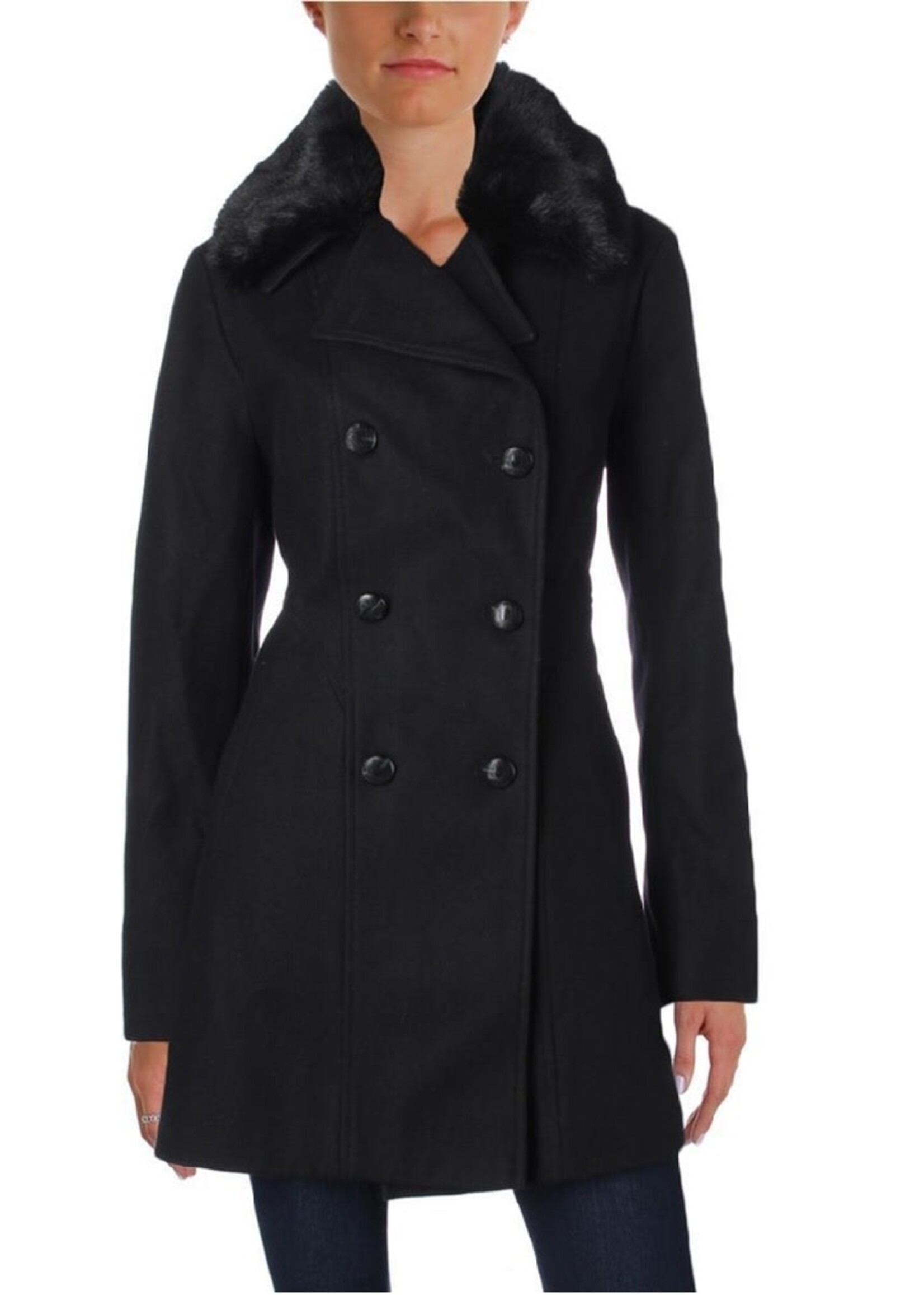 INC I.N.C.  Womens Black Wool Blend Coat w/ Faux Fur Collar