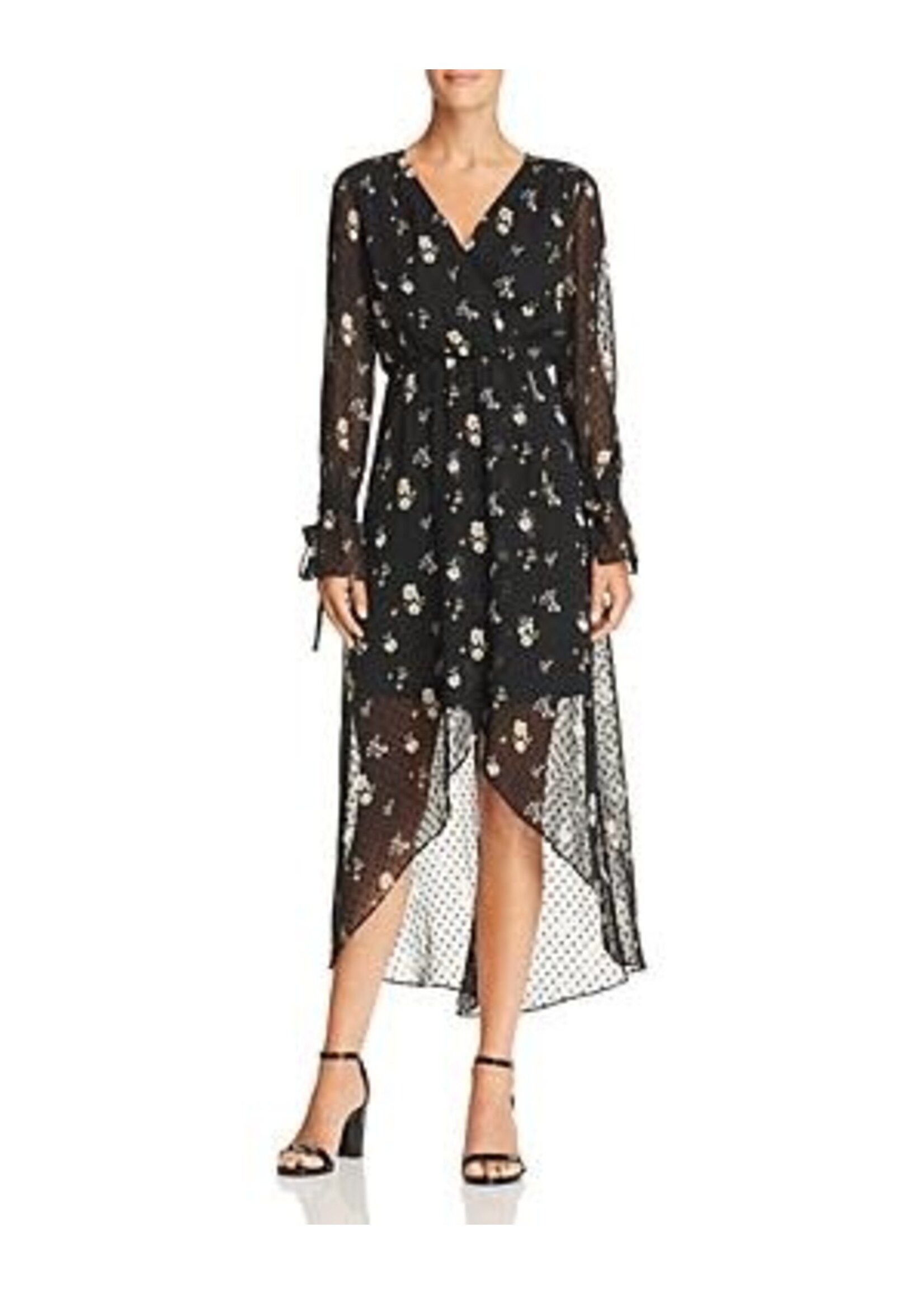 AQUA AQUA Black Floral Faux Wrap Floral Dress, Small