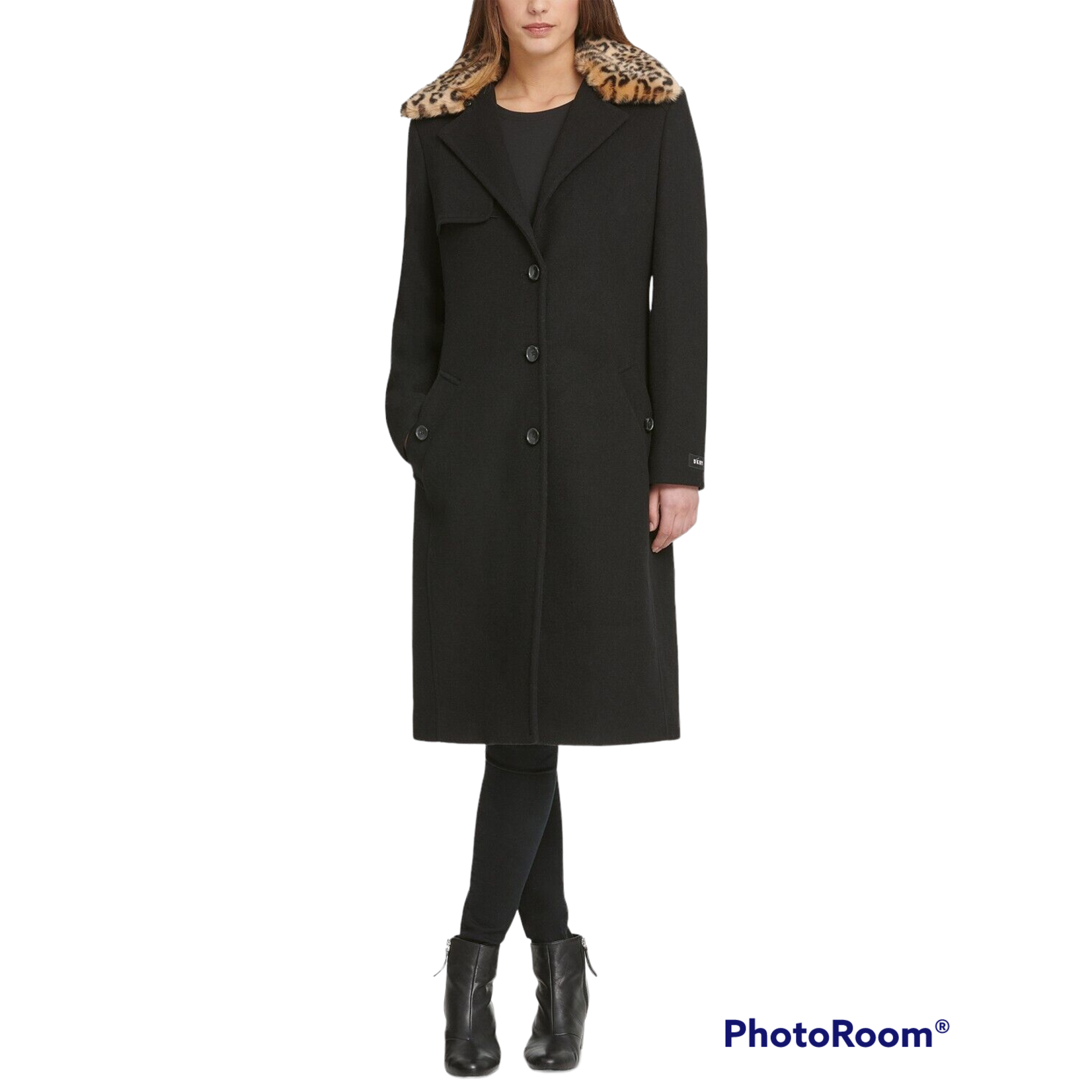 DKNY DKNY Womens Wool Blend Coat with Leopard Print Collar, M