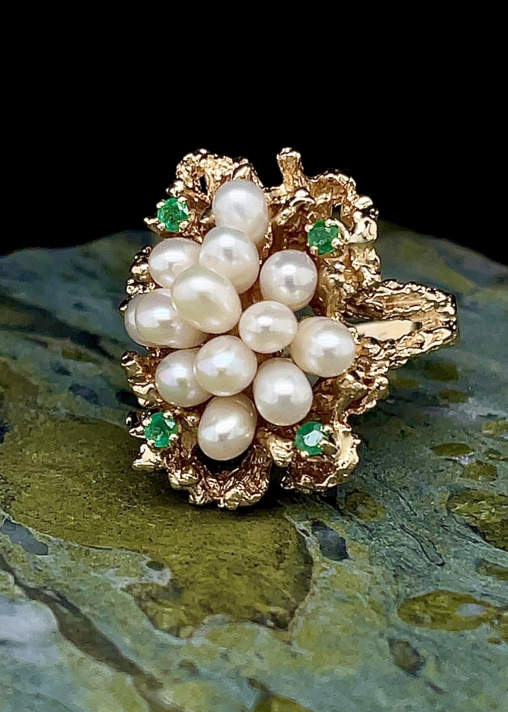 Vintage and Estate Jewelry 14 k free form organic pearl cluster ring w emeralds