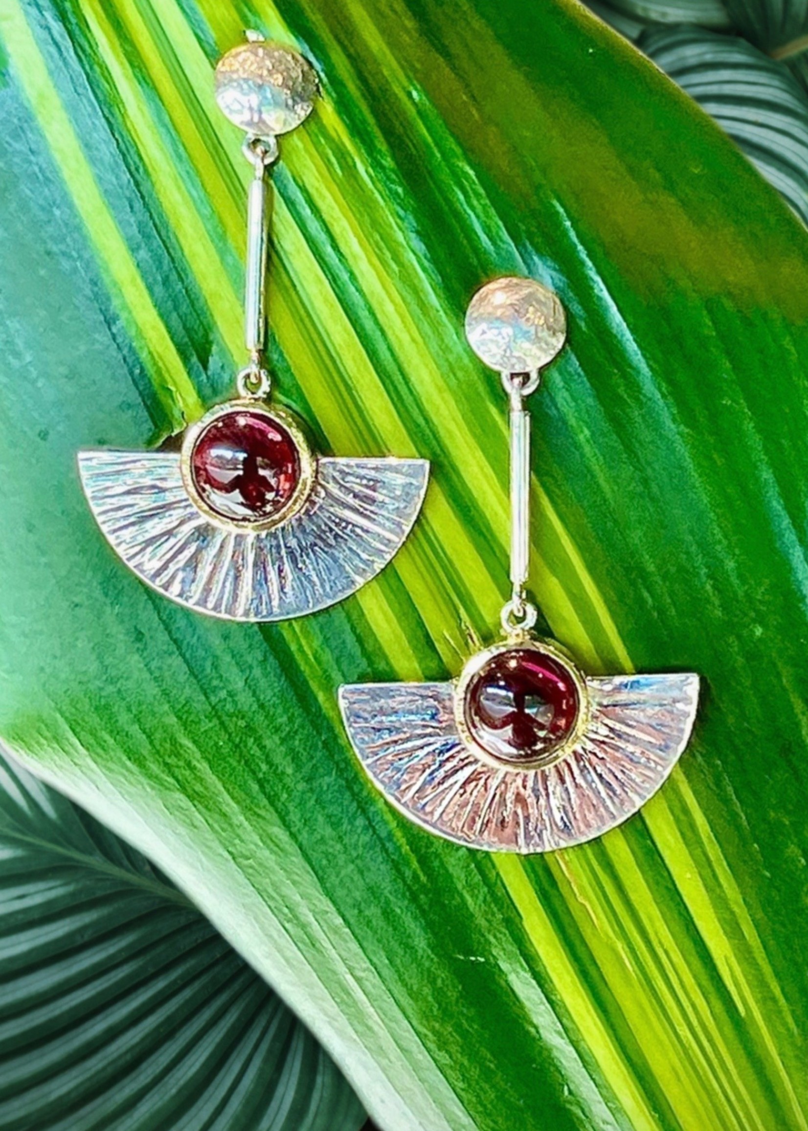 Unique Leaf Metals 14k and Sterling Fan Earrings w garnet