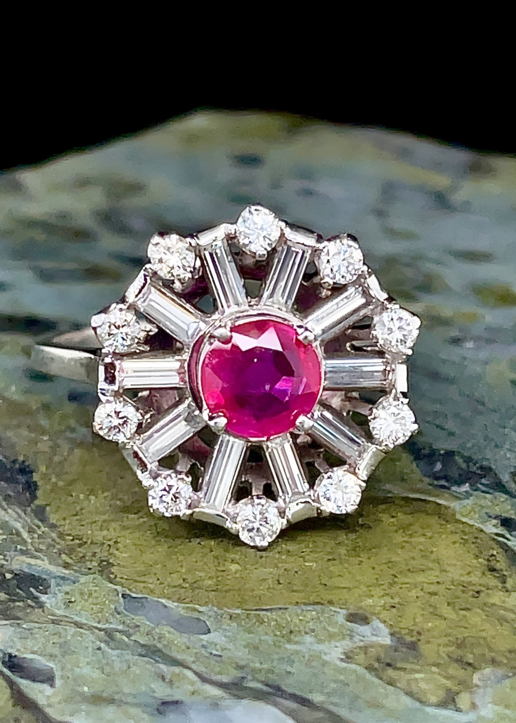 Vintage and Estate Jewelry Mid-Century Platinum Synthetic  Ruby and Diamond "Ferris Wheel"  Ring