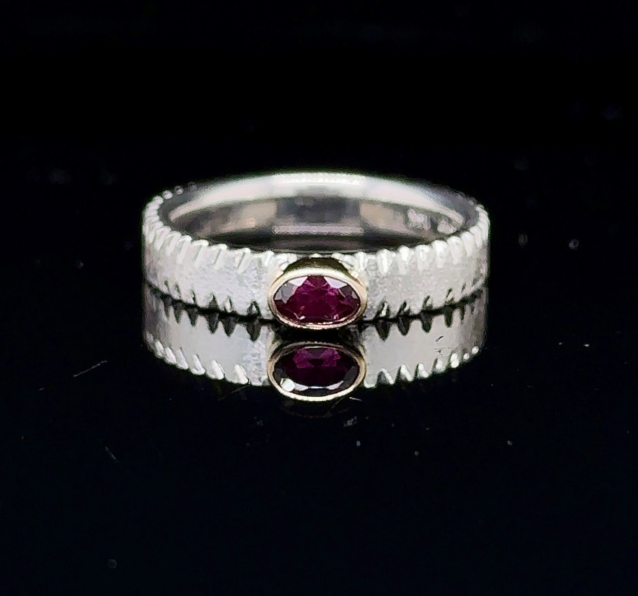 Grape Garnet w 14K YG Bezel Sterling Silver Ring w Texture