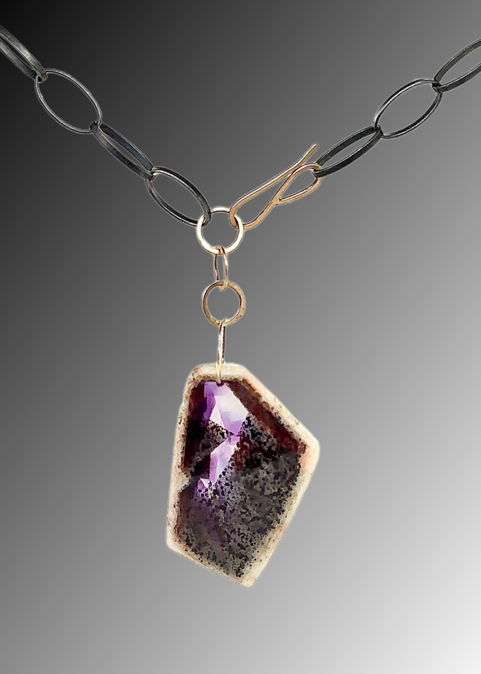 Peg Fetter PF Large Amethyst Pendant on SS chain with 14k gold clasp