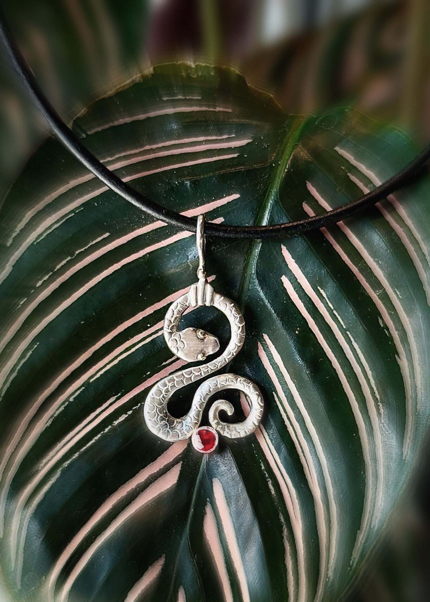 Featured Artists Sterling Silver and 14K Snake Pendant w Garnet