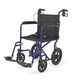 Medline Basic Aluminum Transport Chair with Permanent Full-Length Arms, Swing-Away Footrests and 12" Wheels, Blue