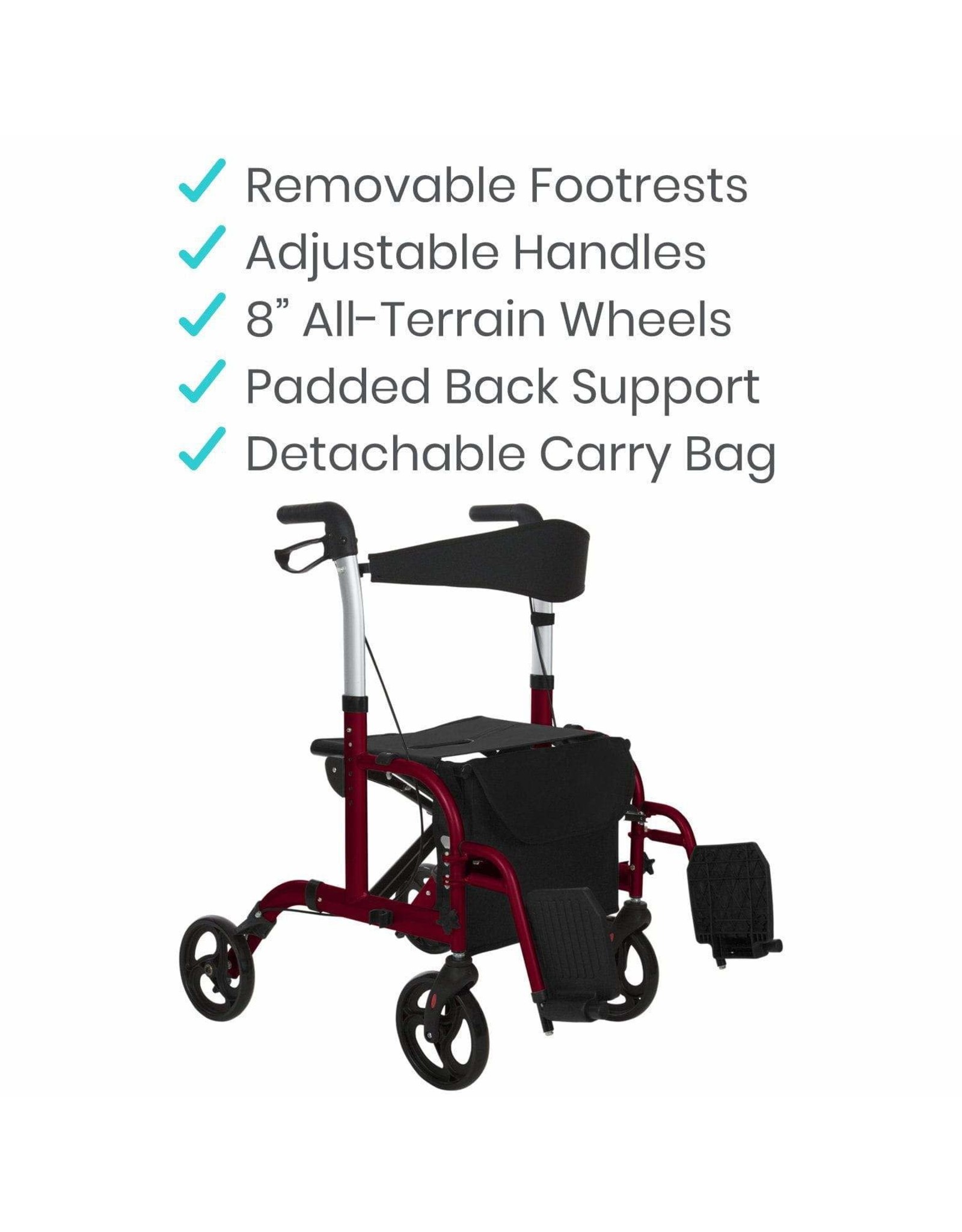 Vive Health VIVE WHEELCHAIR ROLLATOR HYBRID, ALUMINUM, RED, 300LBS