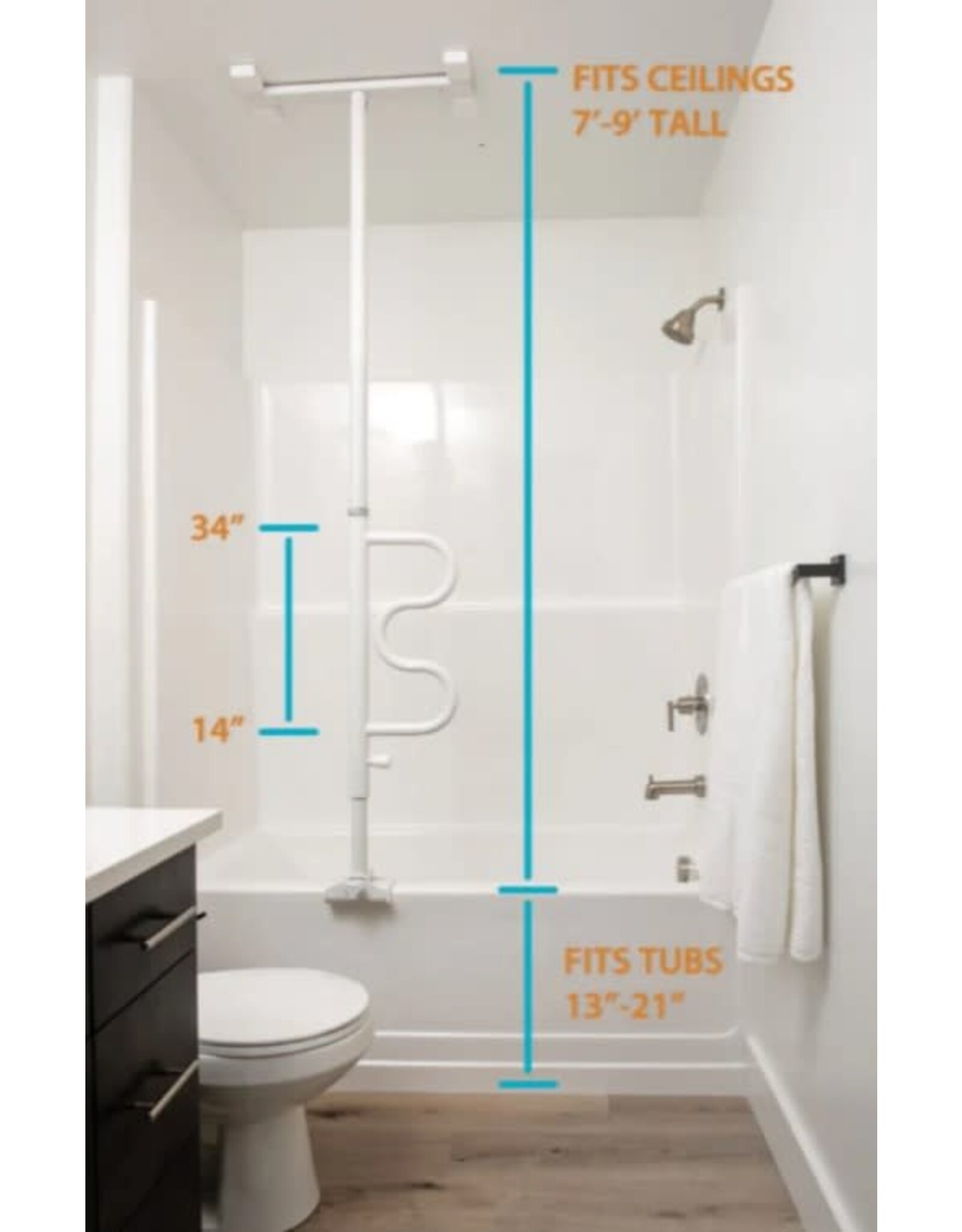 Stander, Inc Security Pole & Curve Grab Bar-White - Bathtub to Ceiling