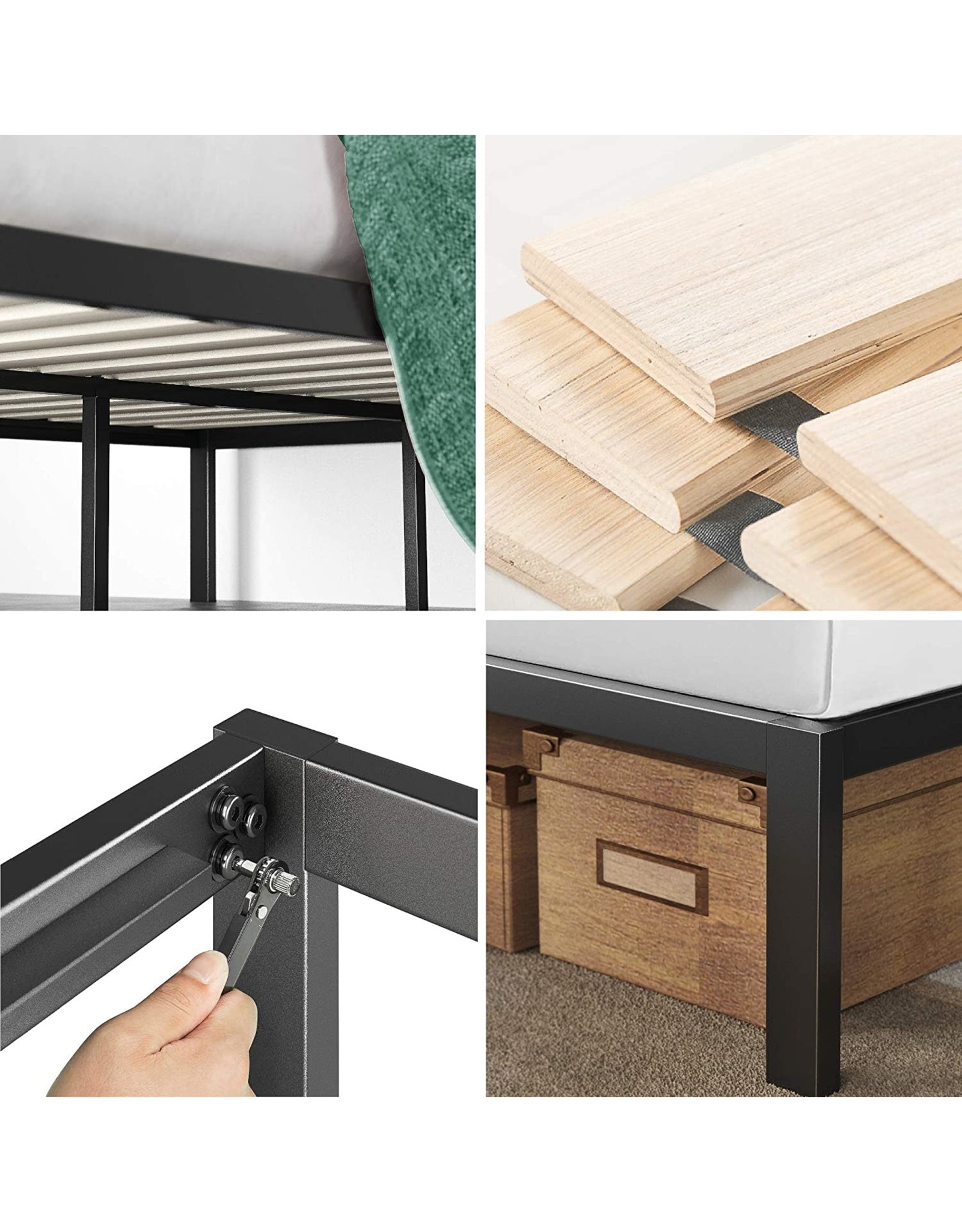 Black Queen Zinus Korey 14 Steel Platform Bed Frame with Upholstered Headboard and Wood Slat Support