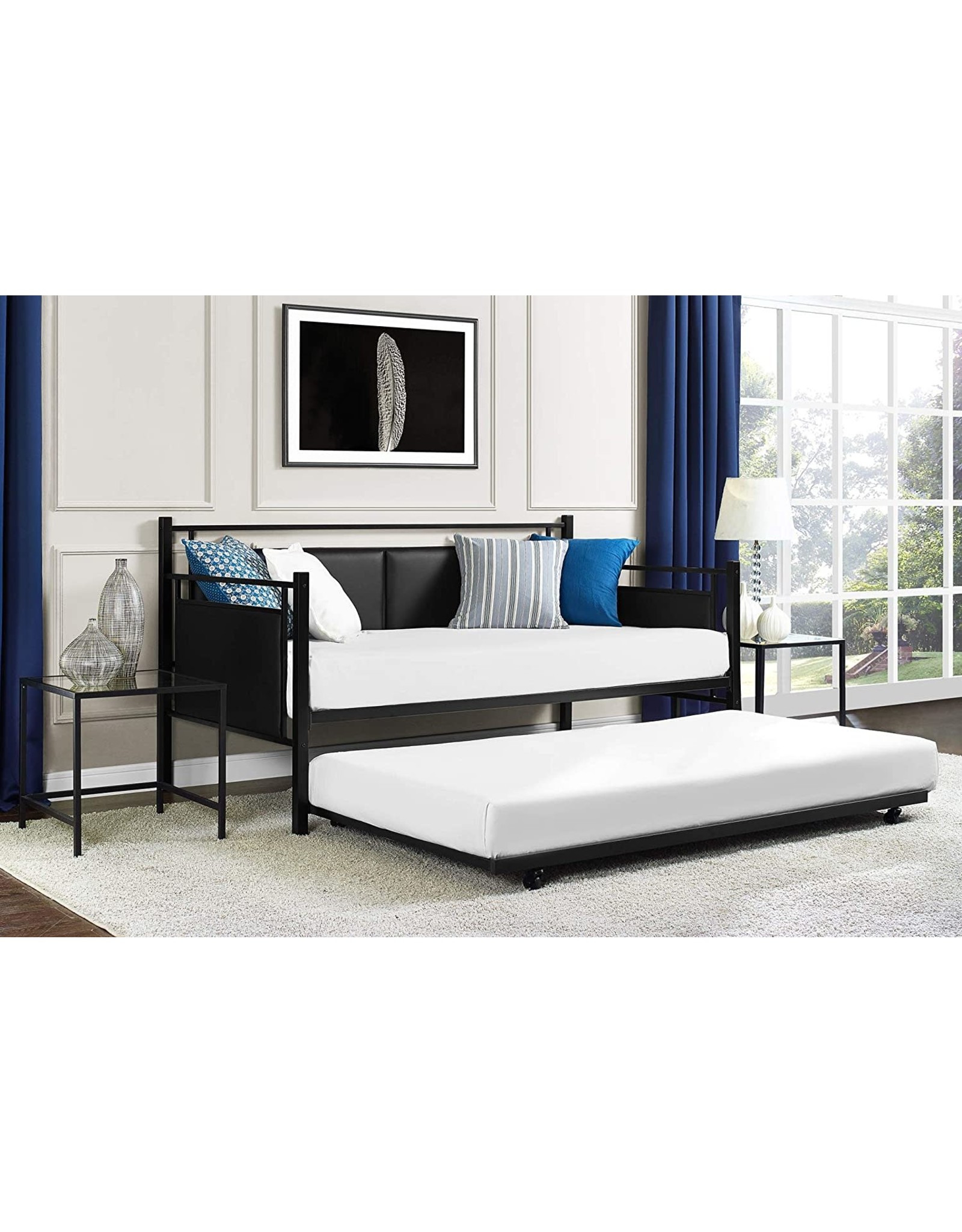 daybed with mattress included on Dhp Dhp Astoria Metal And Upholstered Daybed Sofa Bed With Included Trundle Twin Size Frame Black Abusa Buffalo