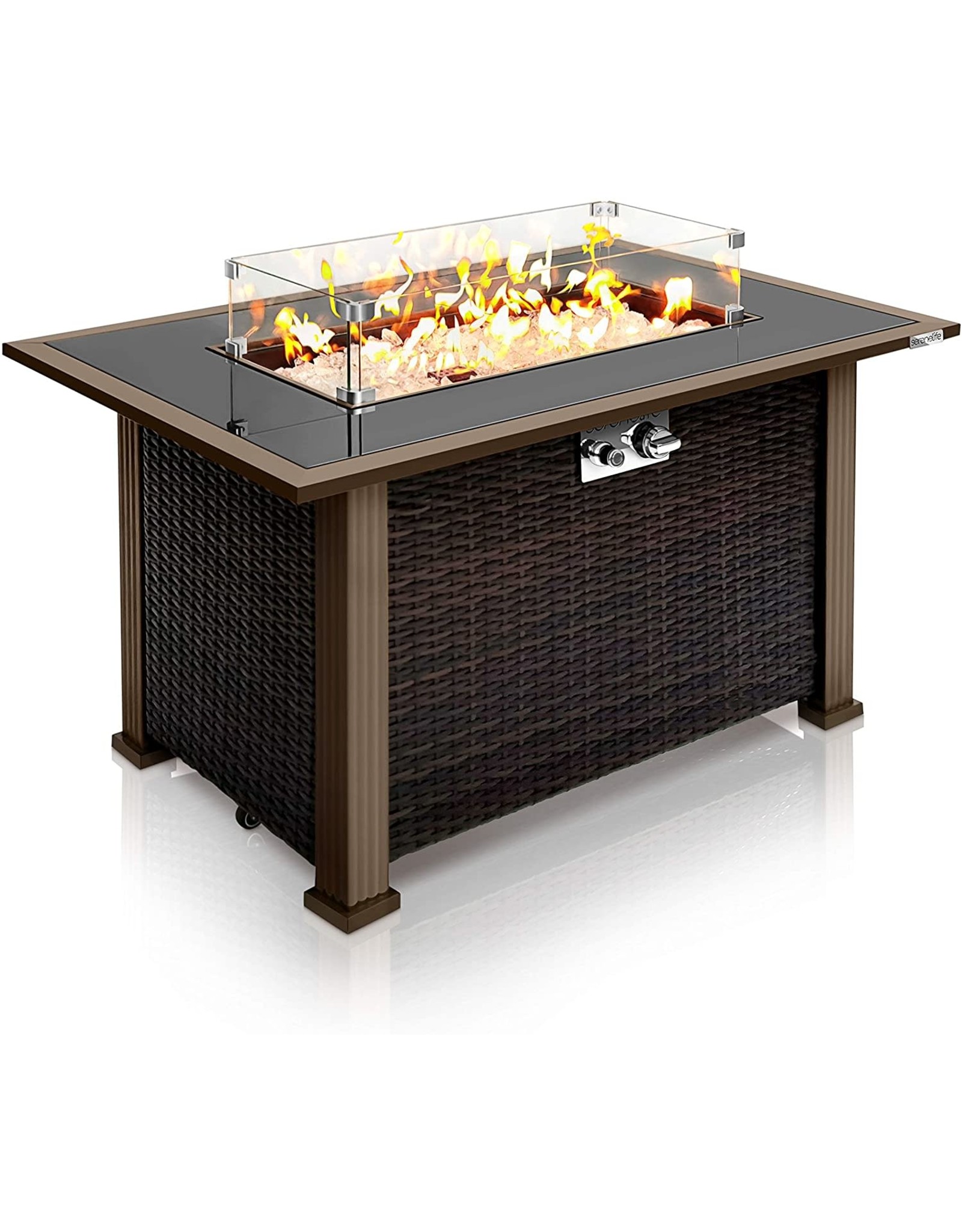 glass fire table on Outdoor Propane Fire Pit Table Csa Approved Safe 50 000btu Auto Ignition Propane Gas Fire Table Rattan Panel Glass Wind Guard Black Tempered Glass Tabletop Clear Glass Rock Serenelife Slfptl Abusa Buffalo